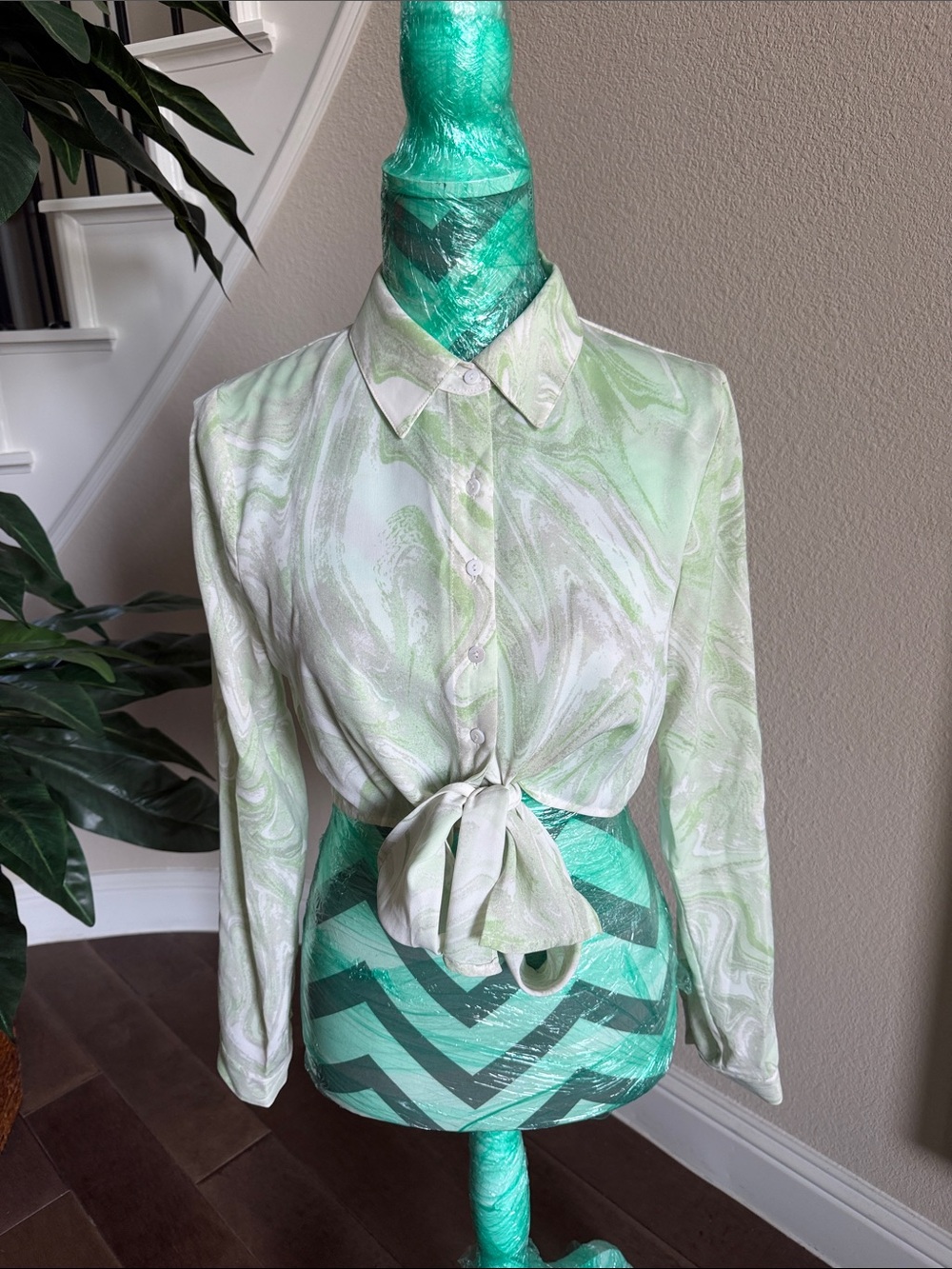 Elodie Light Green Marble-Print Tie-Front Button Down Shirt